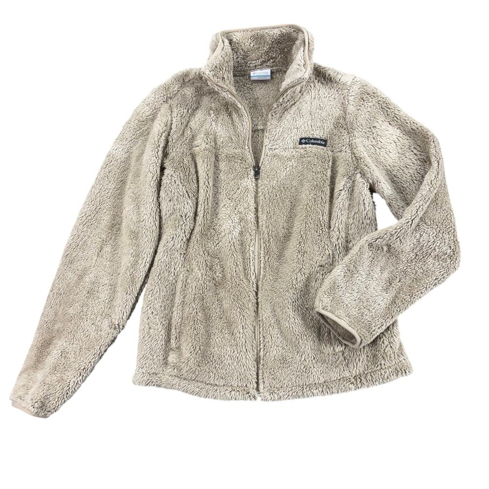 Columbia Women M Beige High Pile Sherpa Fleece Jacket Gorpcore Outdoor Cozy